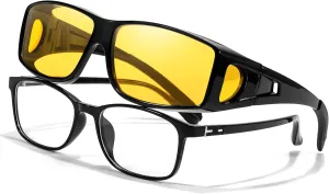LVIOE Wrap Around Night-Vision Glasses, Fit Over Prescription Glasses with Polarized Yellow Lens Night-Driving Glasses