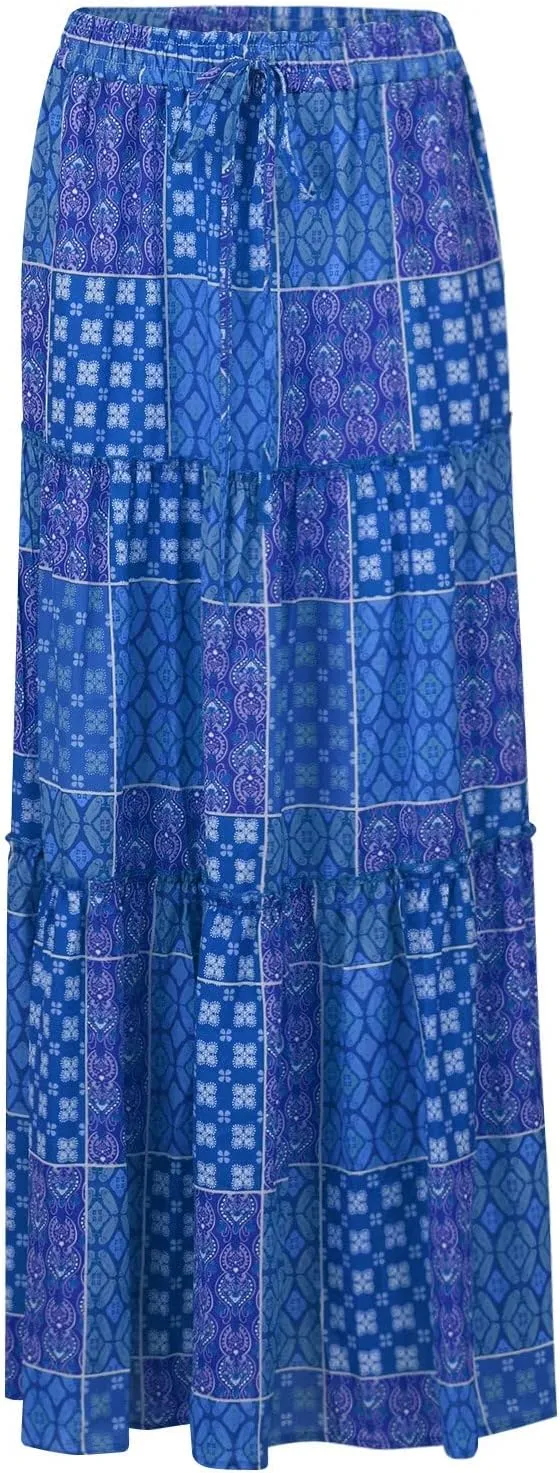 Maxi Skirts for Women Vintage Flower Elastic High Waist Long Skirt Pleated Tiered A-Line Swing Skirts