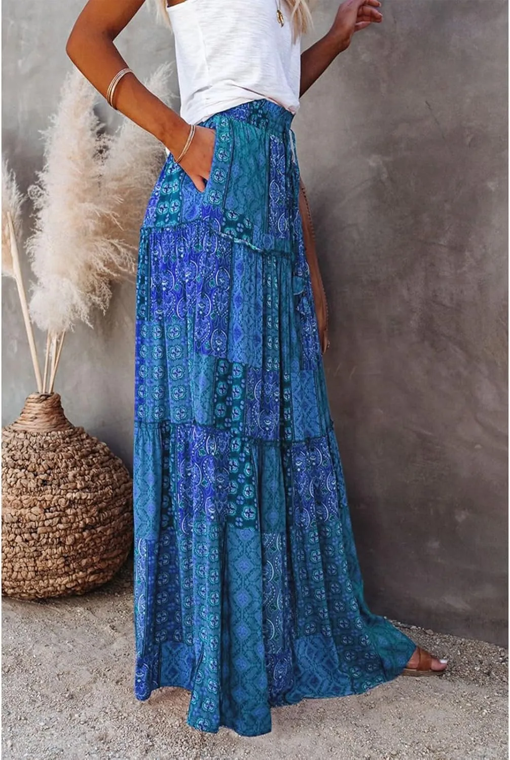 Maxi Skirts for Women Vintage Flower Elastic High Waist Long Skirt Pleated Tiered A-Line Swing Skirts