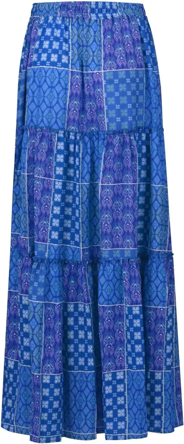 Maxi Skirts for Women Vintage Flower Elastic High Waist Long Skirt Pleated Tiered A-Line Swing Skirts