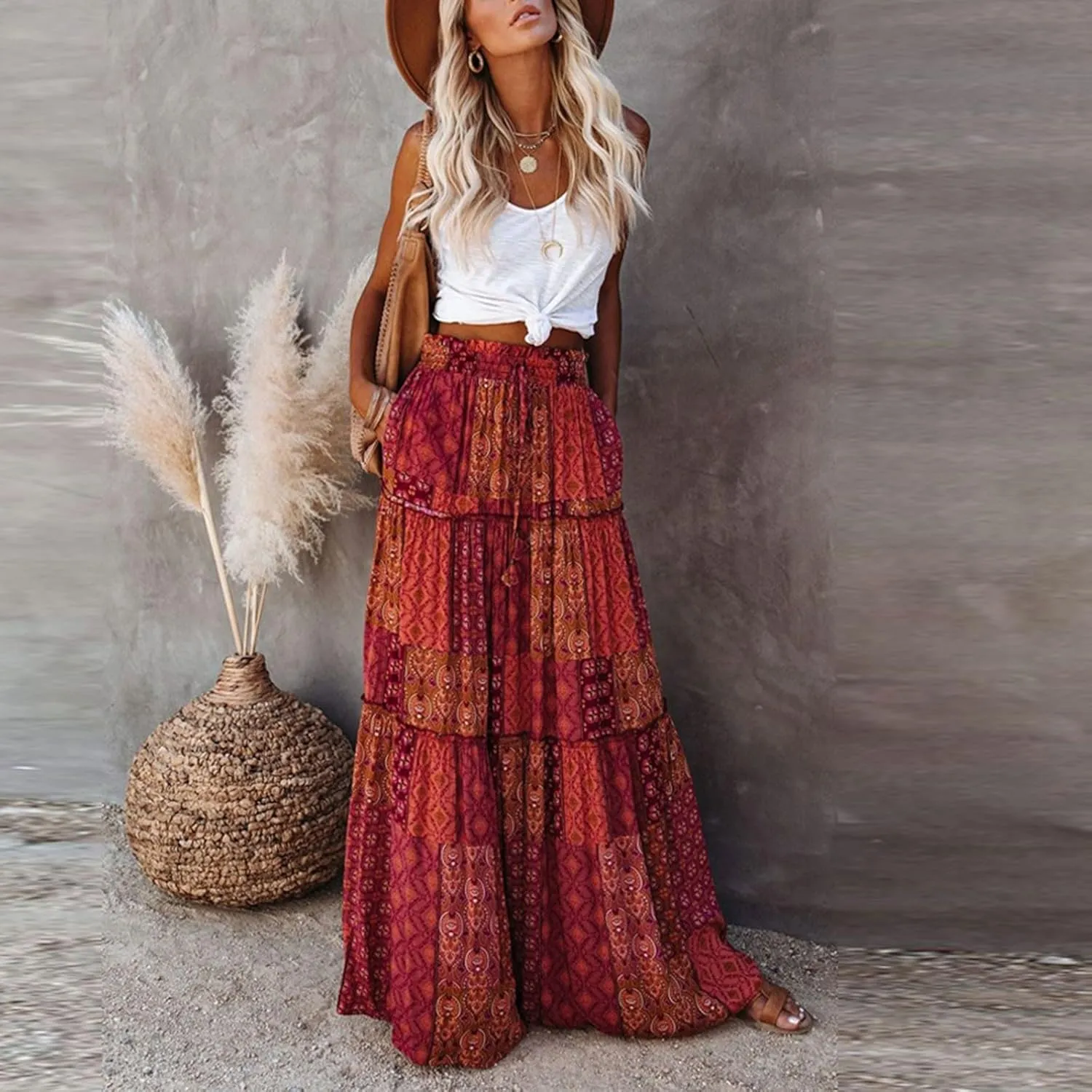 Maxi Skirts for Women Vintage Flower Elastic High Waist Long Skirt Pleated Tiered A-Line Swing Skirts