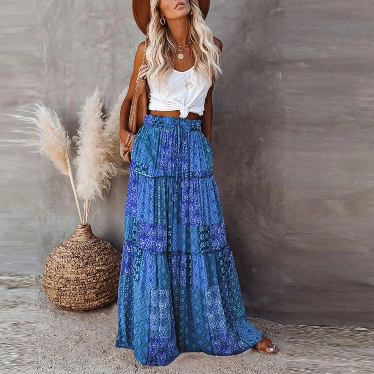 Maxi Skirts for Women Vintage Flower Elastic High Waist Long Skirt Pleated Tiered A-Line Swing Skirts