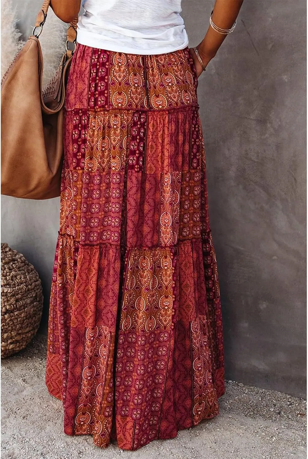 Maxi Skirts for Women Vintage Flower Elastic High Waist Long Skirt Pleated Tiered A-Line Swing Skirts
