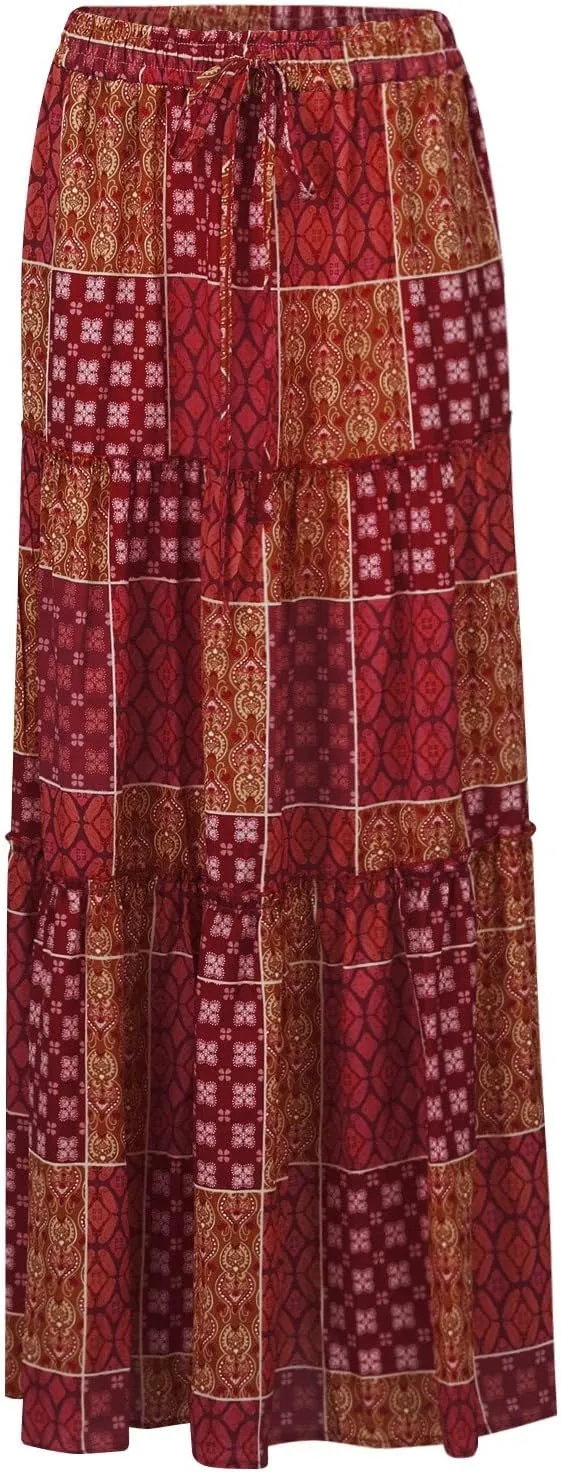 Maxi Skirts for Women Vintage Flower Elastic High Waist Long Skirt Pleated Tiered A-Line Swing Skirts