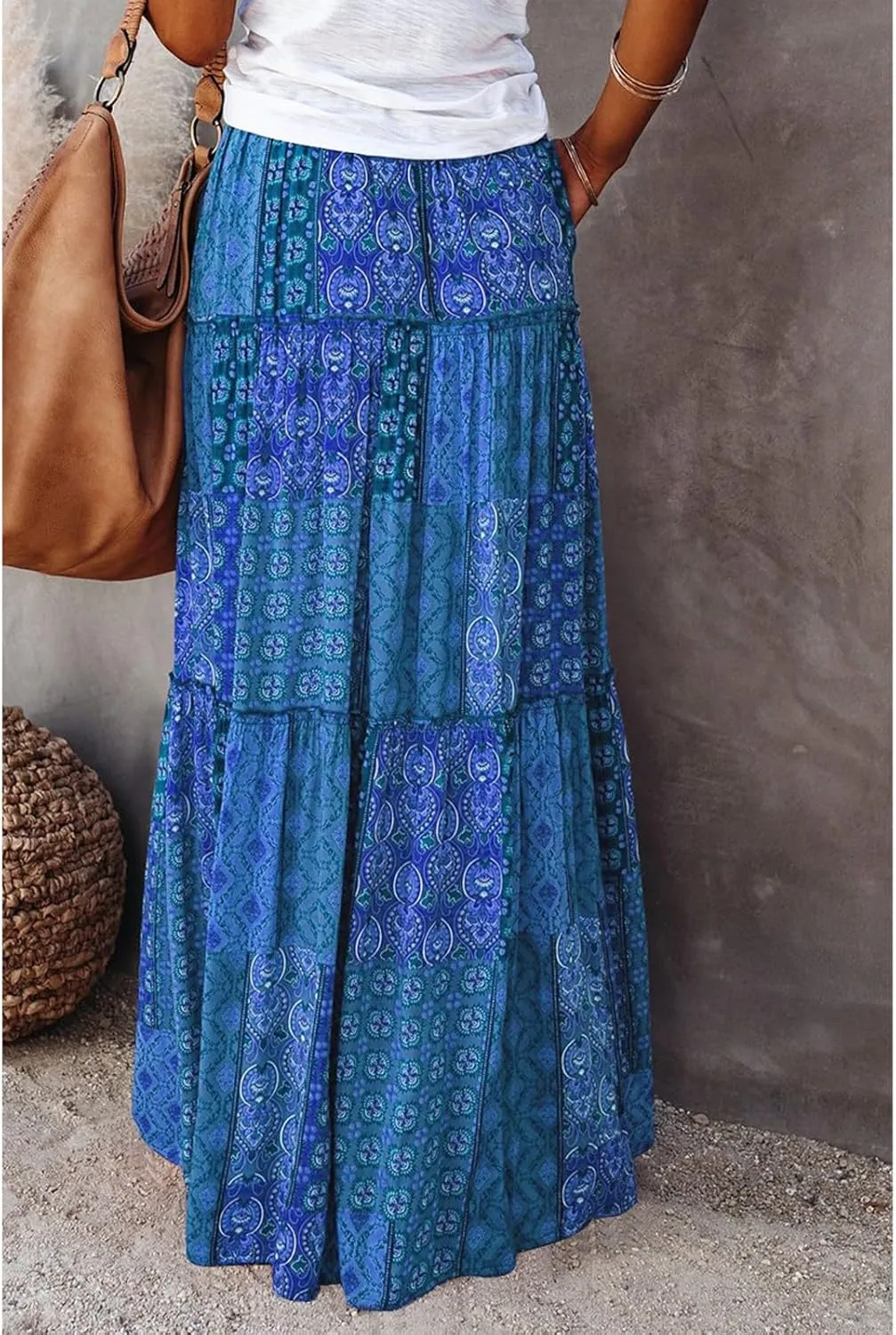 Maxi Skirts for Women Vintage Flower Elastic High Waist Long Skirt Pleated Tiered A-Line Swing Skirts