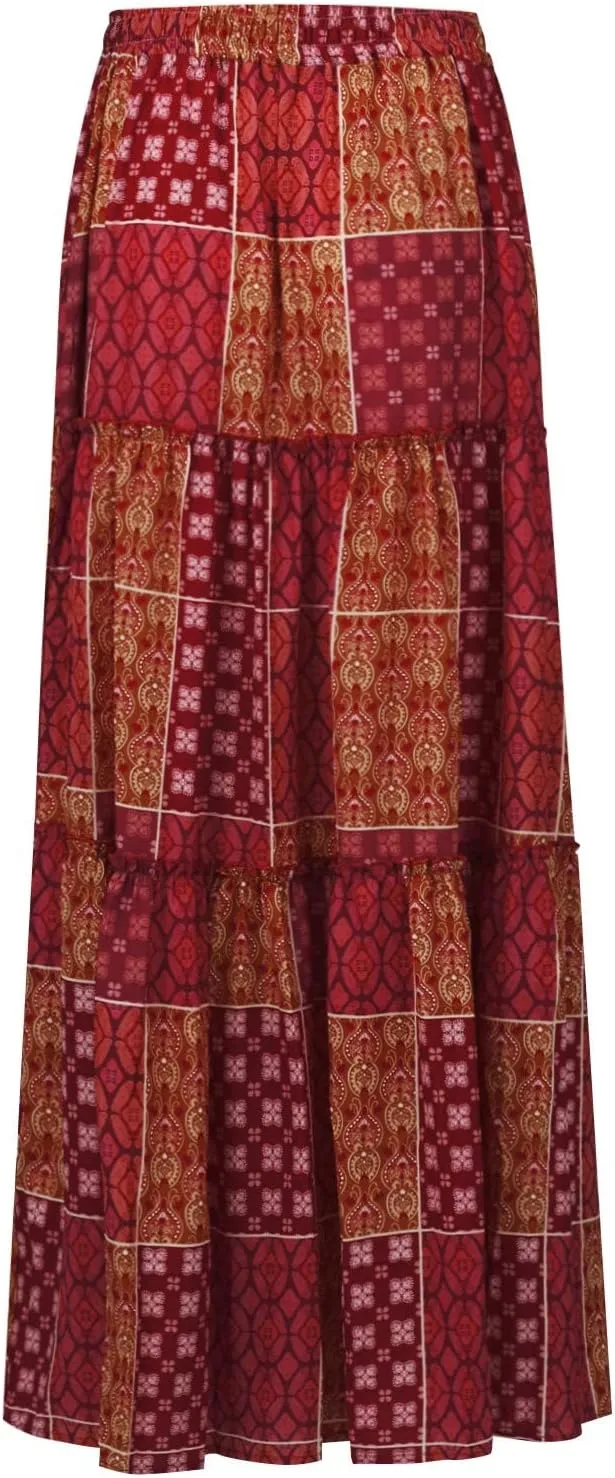 Maxi Skirts for Women Vintage Flower Elastic High Waist Long Skirt Pleated Tiered A-Line Swing Skirts