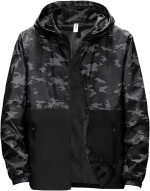 Men Camouflage Hooded Jacket Lightweight Big and Tall Rain Jackets Cycling Hiking Running Casual Raincoat with Pocket