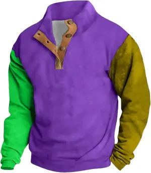 Men Mardi Gras Sweatshirts Stylish Color Block Half Button Pullover Plus Size Casual Long Sleeve Carnival Top Sweater