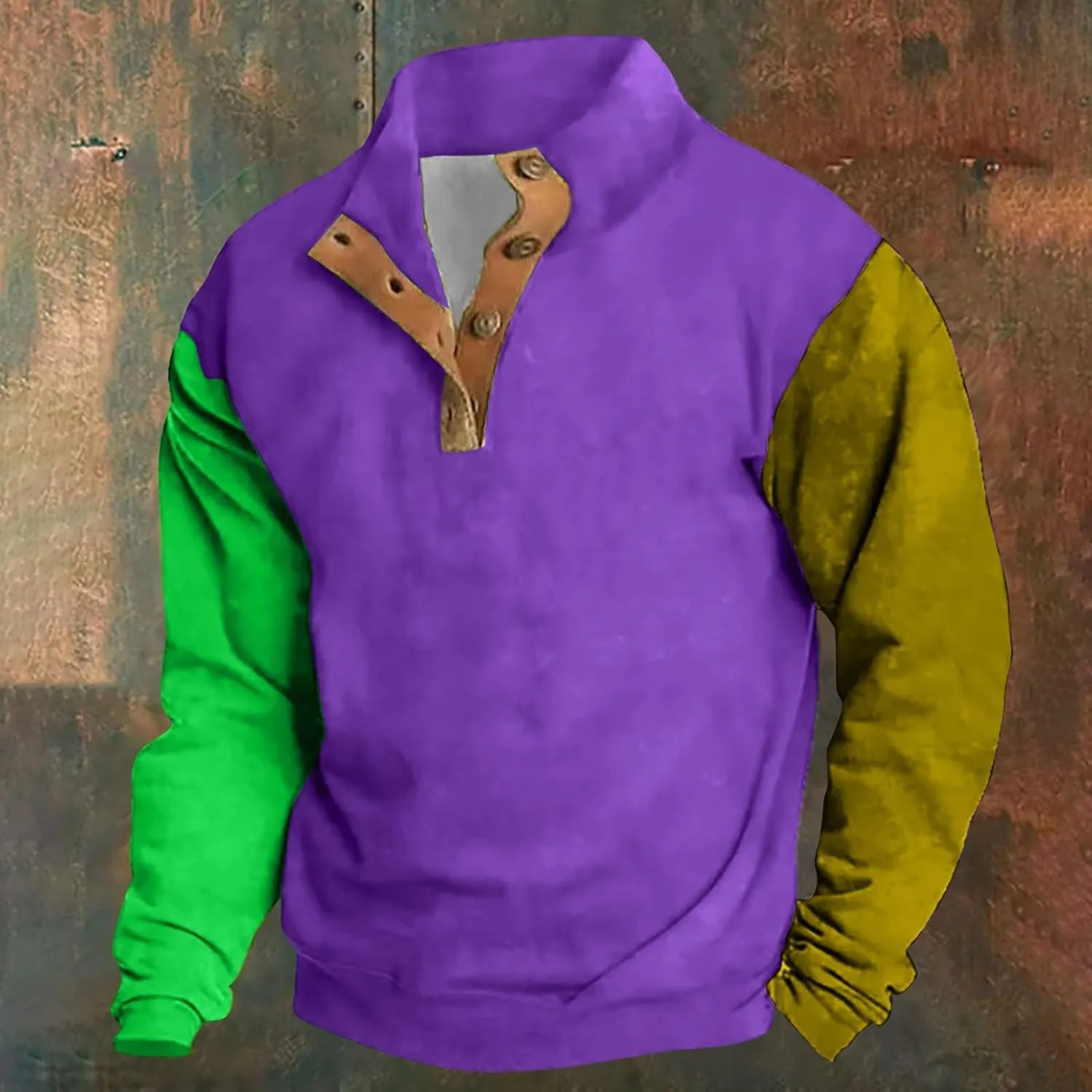 Men Mardi Gras Sweatshirts Stylish Color Block Half Button Pullover Plus Size Casual Long Sleeve Carnival Top Sweater