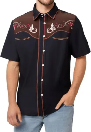 Men's Cowboy Shirts Embroidered Rose Design Big and Tall Casual Loose Tee Tops Western Short Sleeve Button Down