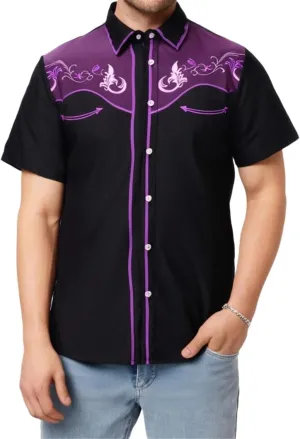 Men's Cowboy Shirts Embroidered Rose Design Big and Tall Casual Loose Tee Tops Western Short Sleeve Button Down