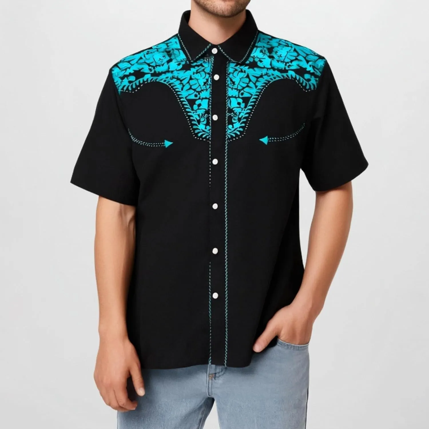 Men's Cowboy Shirts Embroidered Rose Design Big and Tall Casual Loose Tee Tops Western Short Sleeve Button Down