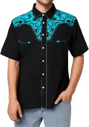Men's Cowboy Shirts Embroidered Rose Design Big and Tall Casual Loose Tee Tops Western Short Sleeve Button Down