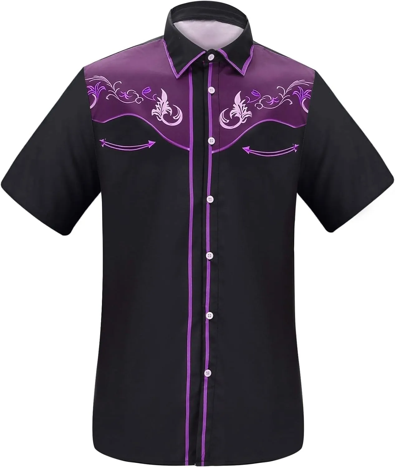 Men's Cowboy Shirts Embroidered Rose Design Big and Tall Casual Loose Tee Tops Western Short Sleeve Button Down