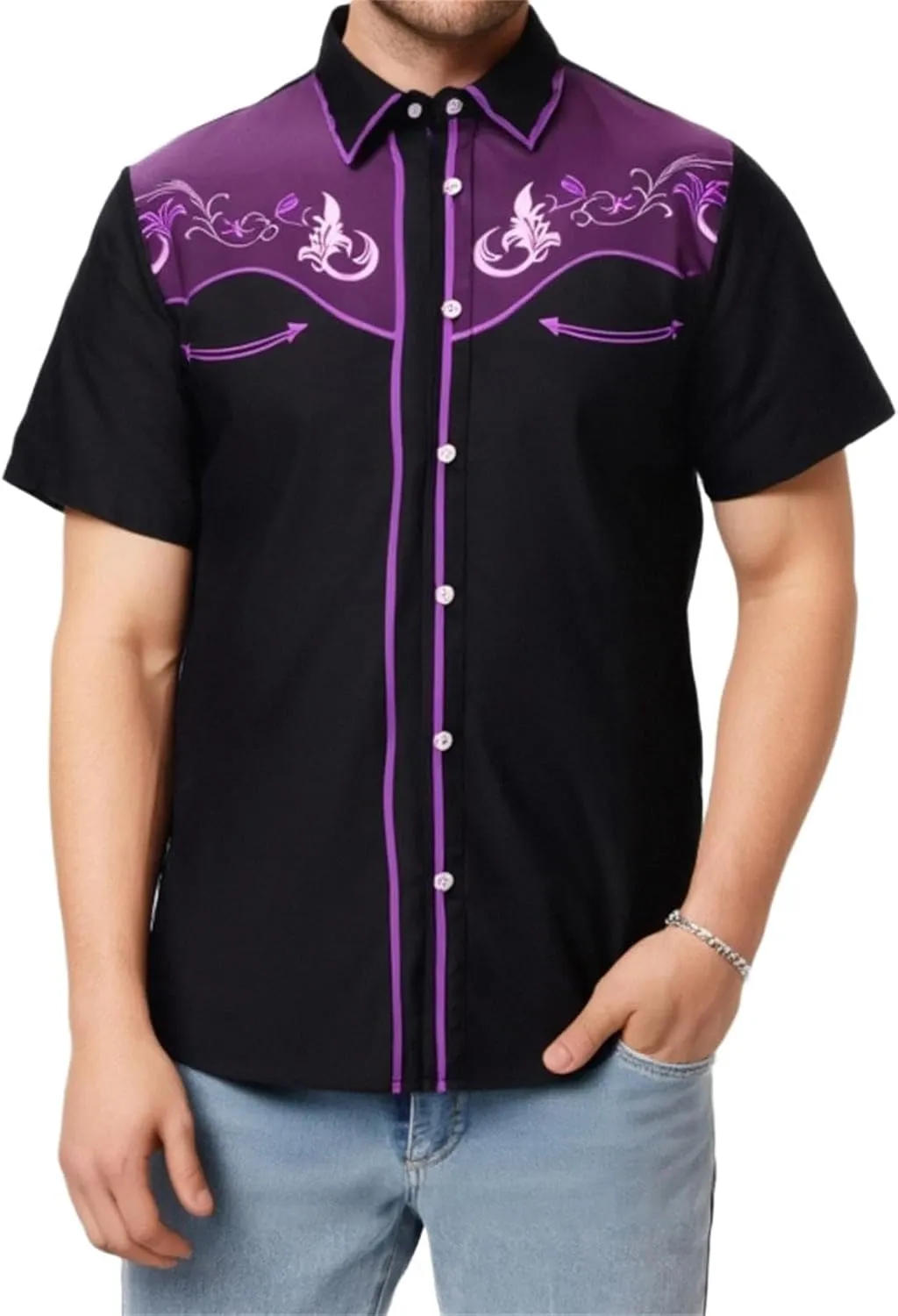 Men's Cowboy Shirts Embroidered Rose Design Big and Tall Casual Loose Tee Tops Western Short Sleeve Button Down
