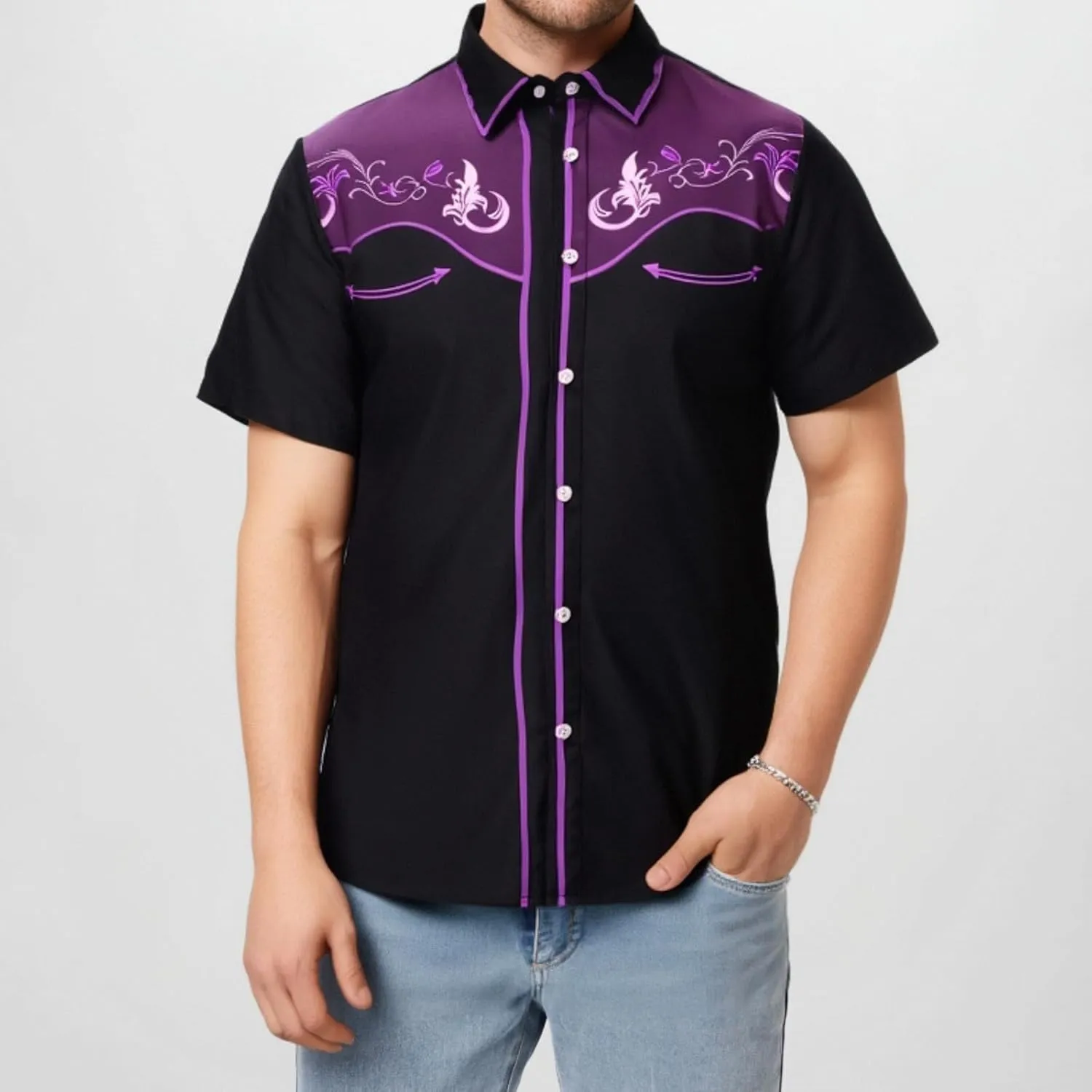 Men's Cowboy Shirts Embroidered Rose Design Big and Tall Casual Loose Tee Tops Western Short Sleeve Button Down