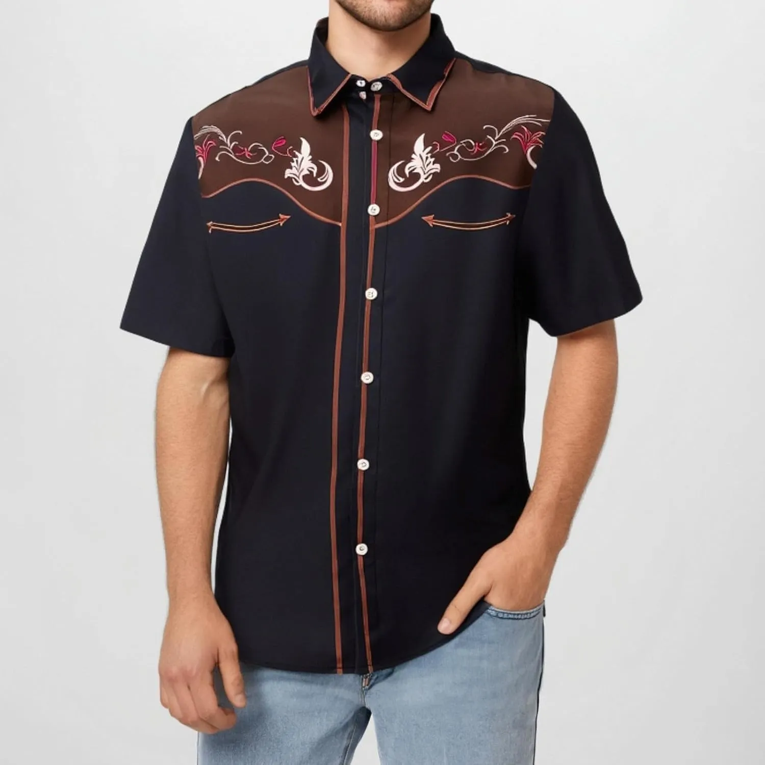 Men's Cowboy Shirts Embroidered Rose Design Big and Tall Casual Loose Tee Tops Western Short Sleeve Button Down