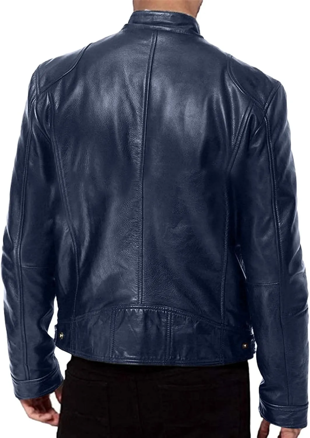 Men's Faux Leather Jacket Slim Zip Up Stand Collar Motorcycle Coat Waterproof Windproof PU Moto Outwear with Pockets