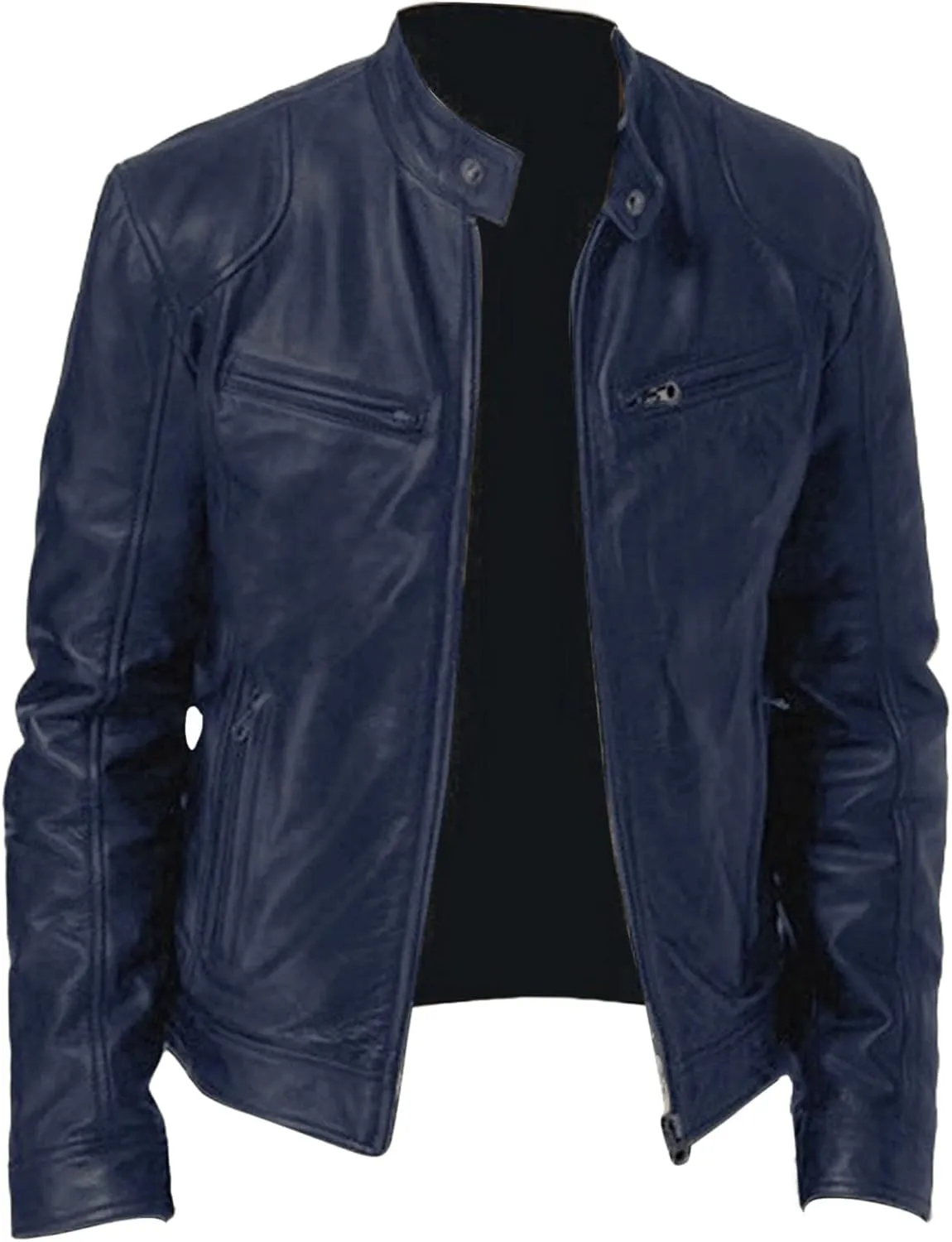 Men's Faux Leather Jacket Slim Zip Up Stand Collar Motorcycle Coat Waterproof Windproof PU Moto Outwear with Pockets