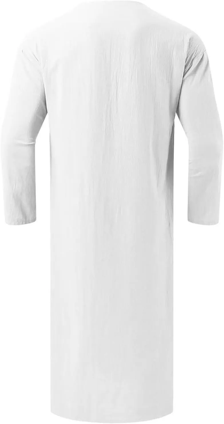 Men's Kaftan Robe Long Sleeve V Neck Nightshirts Thobe Button Down Henley Casual Side Split Gown Shirt Sleepwear Tops
