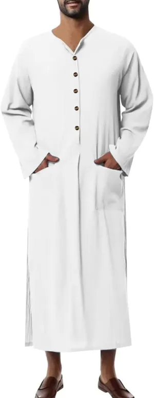 Men's Kaftan Robe Long Sleeve V Neck Nightshirts Thobe Button Down Henley Casual Side Split Gown Shirt Sleepwear Tops