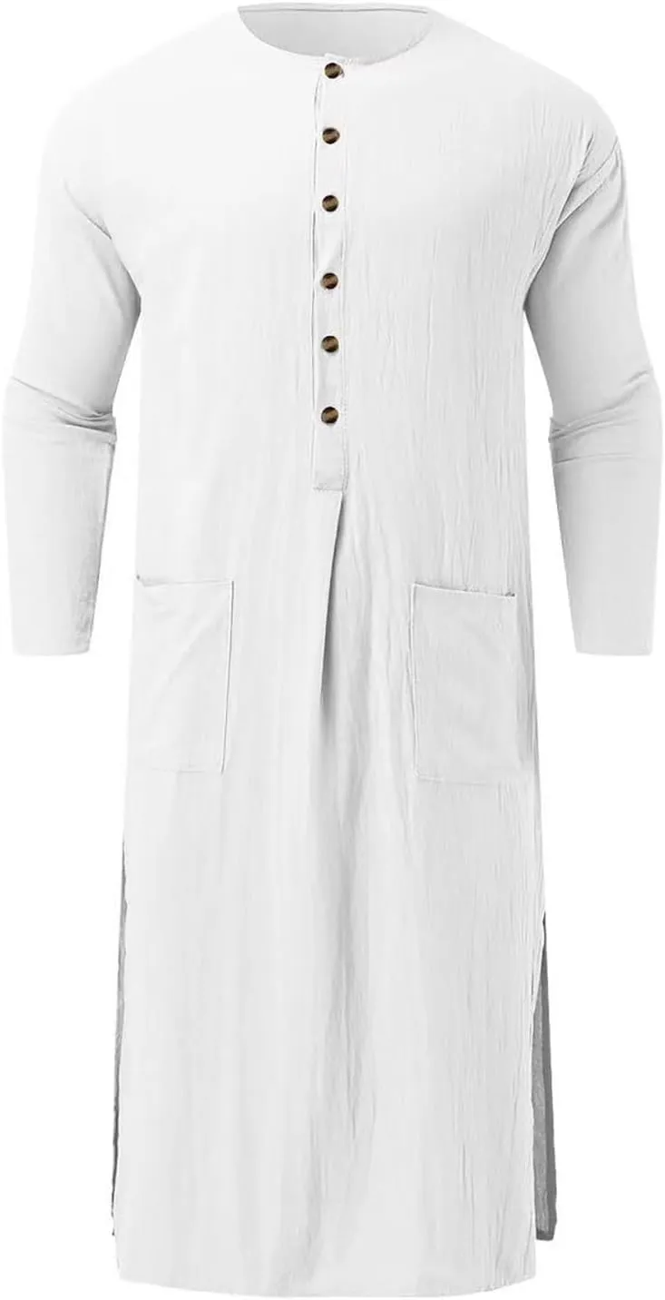 Men's Kaftan Robe Long Sleeve V Neck Nightshirts Thobe Button Down Henley Casual Side Split Gown Shirt Sleepwear Tops