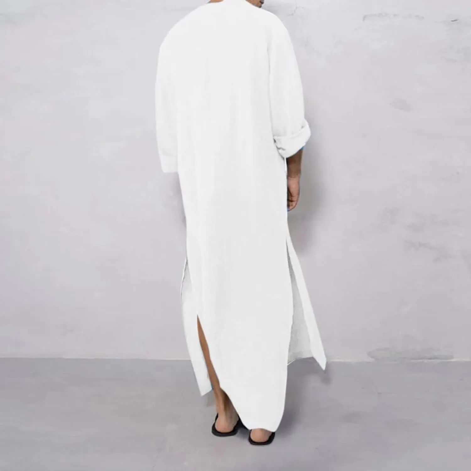 Men's Kaftan Robe Long Sleeve V Neck Nightshirts Thobe Button Down Henley Casual Side Split Gown Shirt Sleepwear Tops