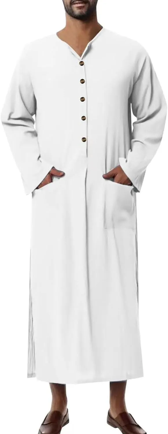 Men's Kaftan Robe Long Sleeve V Neck Nightshirts Thobe Button Down Henley Casual Side Split Gown Shirt Sleepwear Tops
