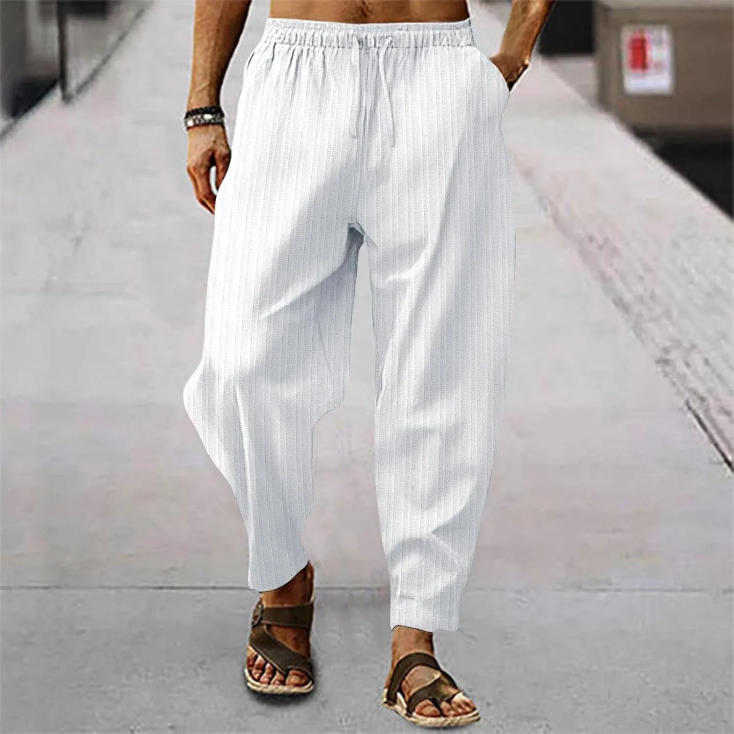 Mens Linen Cotton Yoga Casual Pants Summer Drawstring Elastic Waist Beach Trousers Loose Lounge Jogger Sweatpants