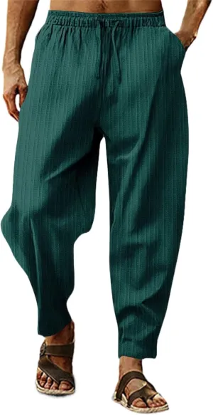 Mens Linen Cotton Yoga Casual Pants Summer Drawstring Elastic Waist Beach Trousers Loose Lounge Jogger Sweatpants