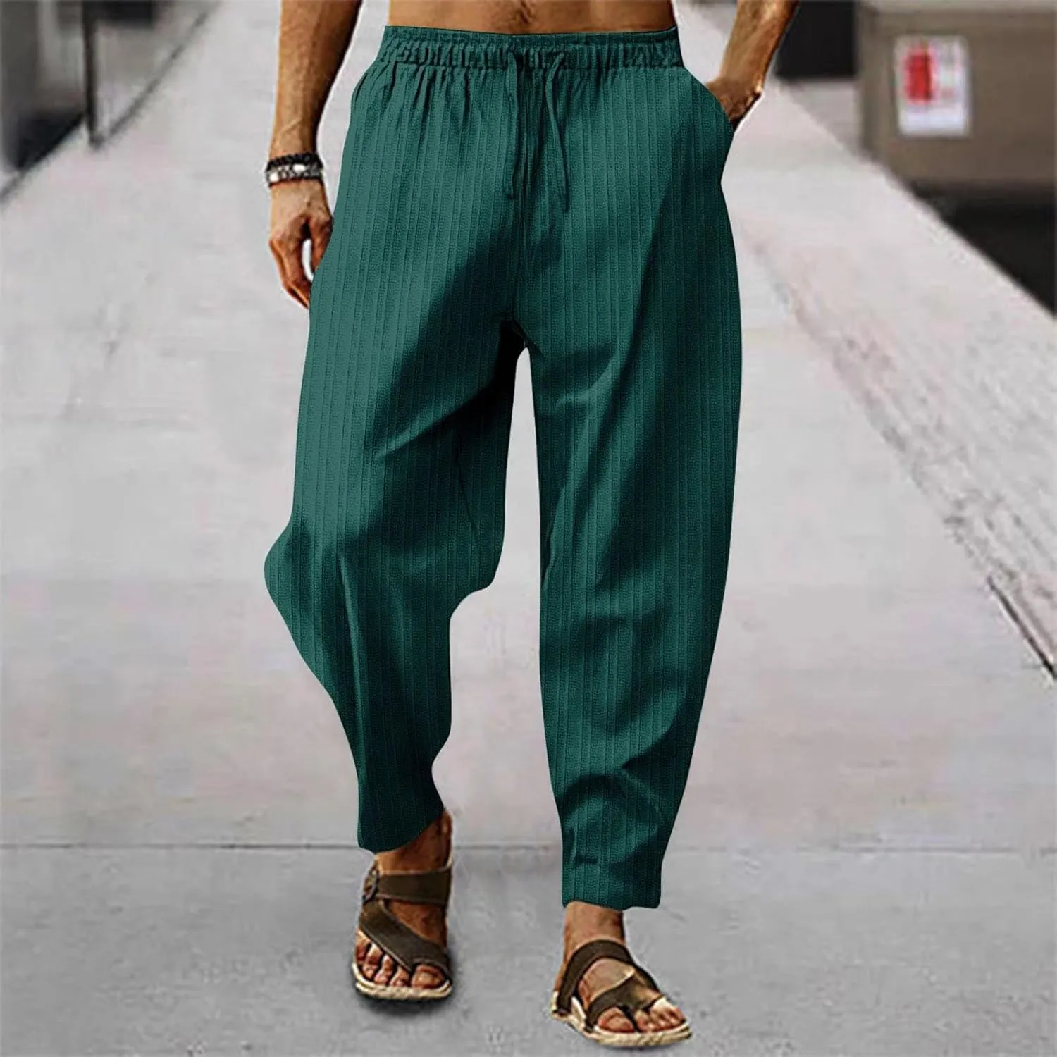 Mens Linen Cotton Yoga Casual Pants Summer Drawstring Elastic Waist Beach Trousers Loose Lounge Jogger Sweatpants