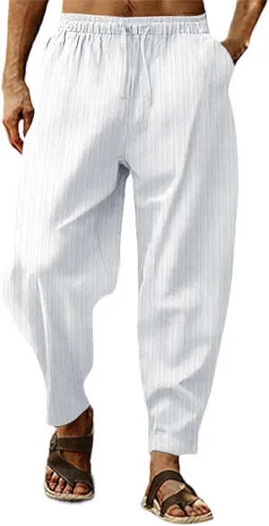 Mens Linen Cotton Yoga Casual Pants Summer Drawstring Elastic Waist Beach Trousers Loose Lounge Jogger Sweatpants