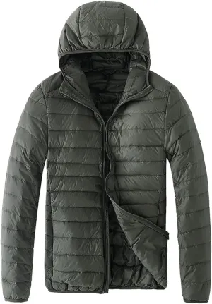 Mens Packable Hoodies Down Puffer Jacket Zip Up Lightweight Winter Puffy Coats for Outdoors Snow Ski Hiking Travel