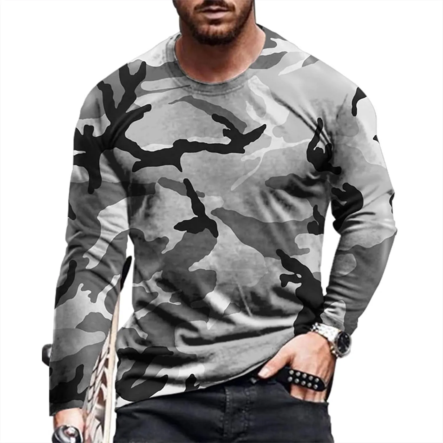 Mens Track Athletic T Shirts Long Sleeve Tops Tee for Mens Boat Neck Print Camo Fall Summer Shirts 2024
