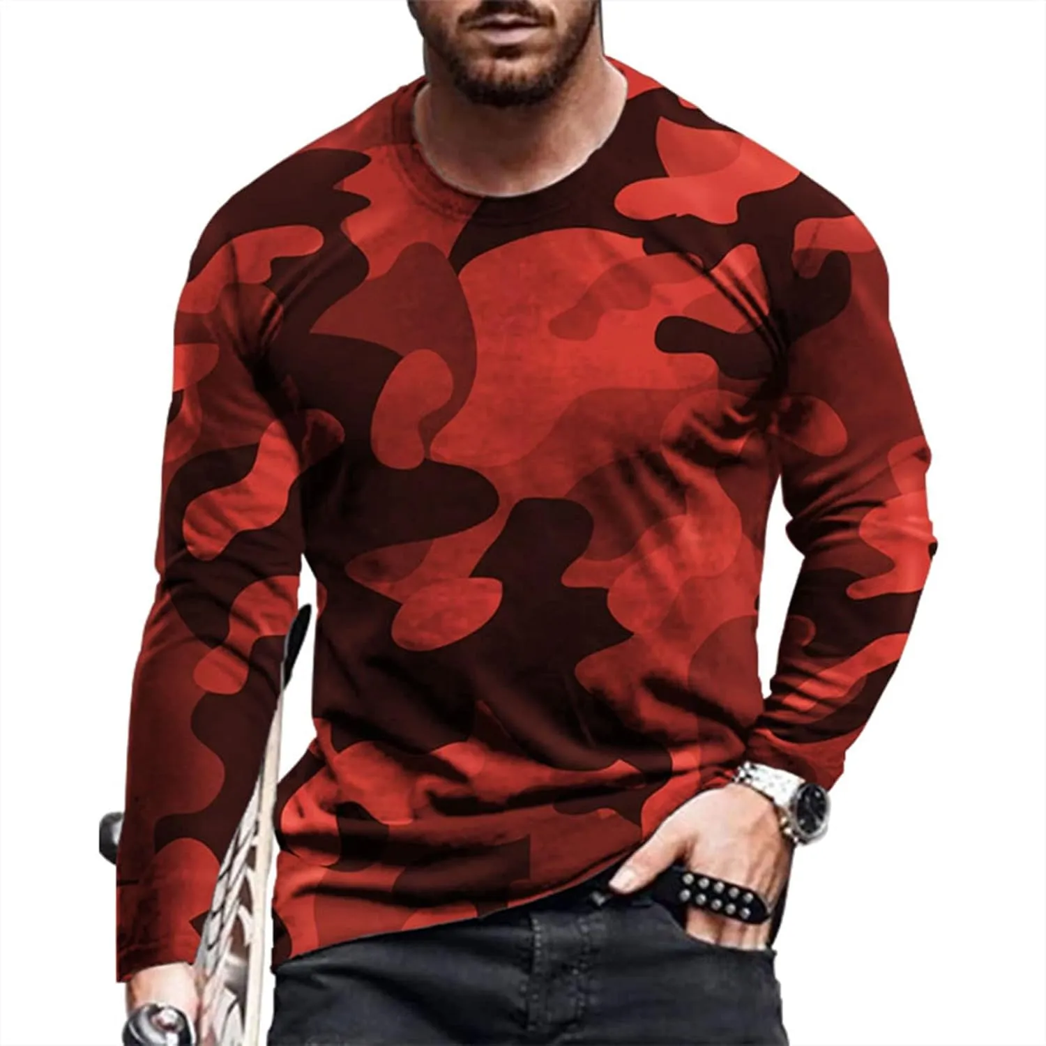 Mens Track Athletic T Shirts Long Sleeve Tops Tee for Mens Boat Neck Print Camo Fall Summer Shirts 2024