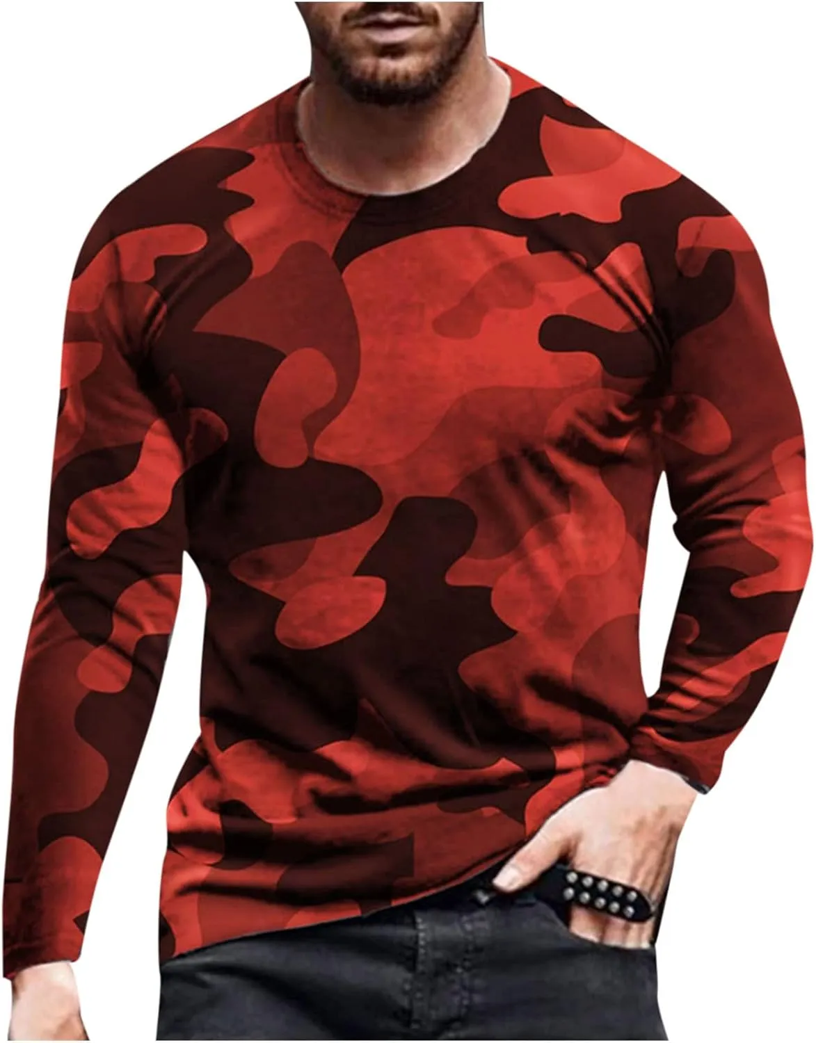 Mens Track Athletic T Shirts Long Sleeve Tops Tee for Mens Boat Neck Print Camo Fall Summer Shirts 2024