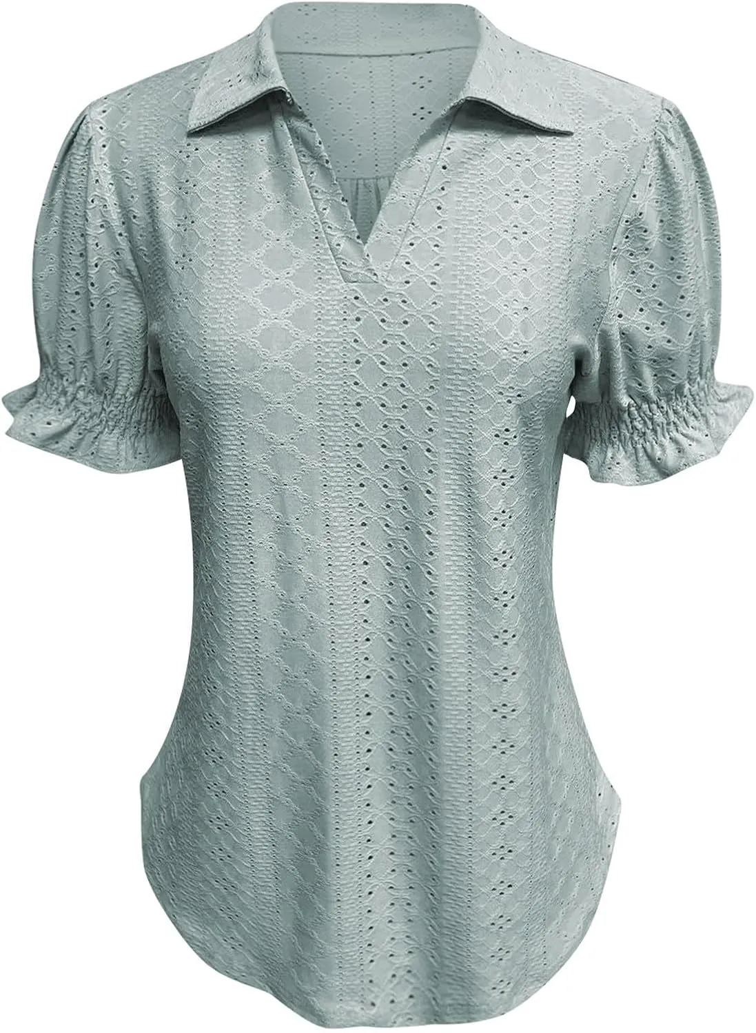 Miyaomn Womens Summer Tops 2025 Trendy Eyelet Ruffles Short Sleeve Tunics Casual V Neck Tshirts Fashion Solid Blouses Clothes
