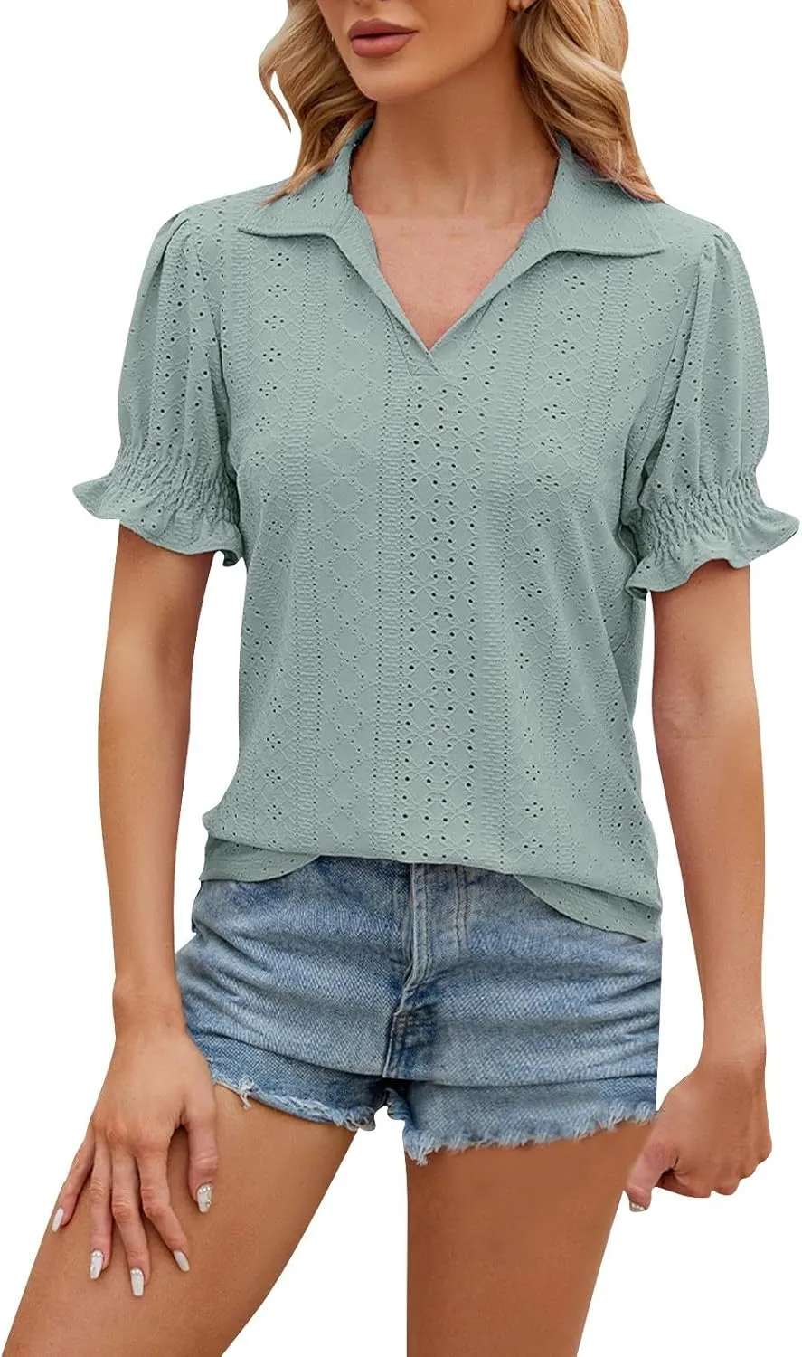 Miyaomn Womens Summer Tops 2025 Trendy Eyelet Ruffles Short Sleeve Tunics Casual V Neck Tshirts Fashion Solid Blouses Clothes