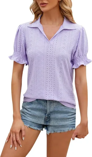Miyaomn Womens Summer Tops 2025 Trendy Eyelet Ruffles Short Sleeve Tunics Casual V Neck Tshirts Fashion Solid Blouses Clothes