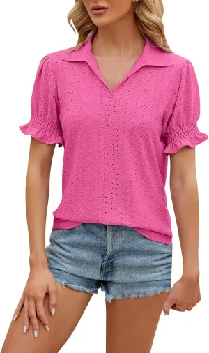 Miyaomn Womens Summer Tops 2025 Trendy Eyelet Ruffles Short Sleeve Tunics Casual V Neck Tshirts Fashion Solid Blouses Clothes