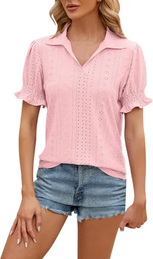 Miyaomn Womens Summer Tops 2025 Trendy Eyelet Ruffles Short Sleeve Tunics Casual V Neck Tshirts Fashion Solid Blouses Clothes