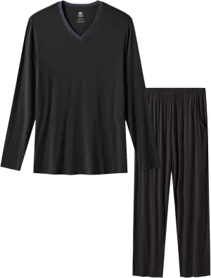 MoFiz Mens Pajama Set Long Sleeve V Neck 2 Piece Nightwear Loungewear Sleepwear Modal Pants With Pockets Pj's Sleep for Men