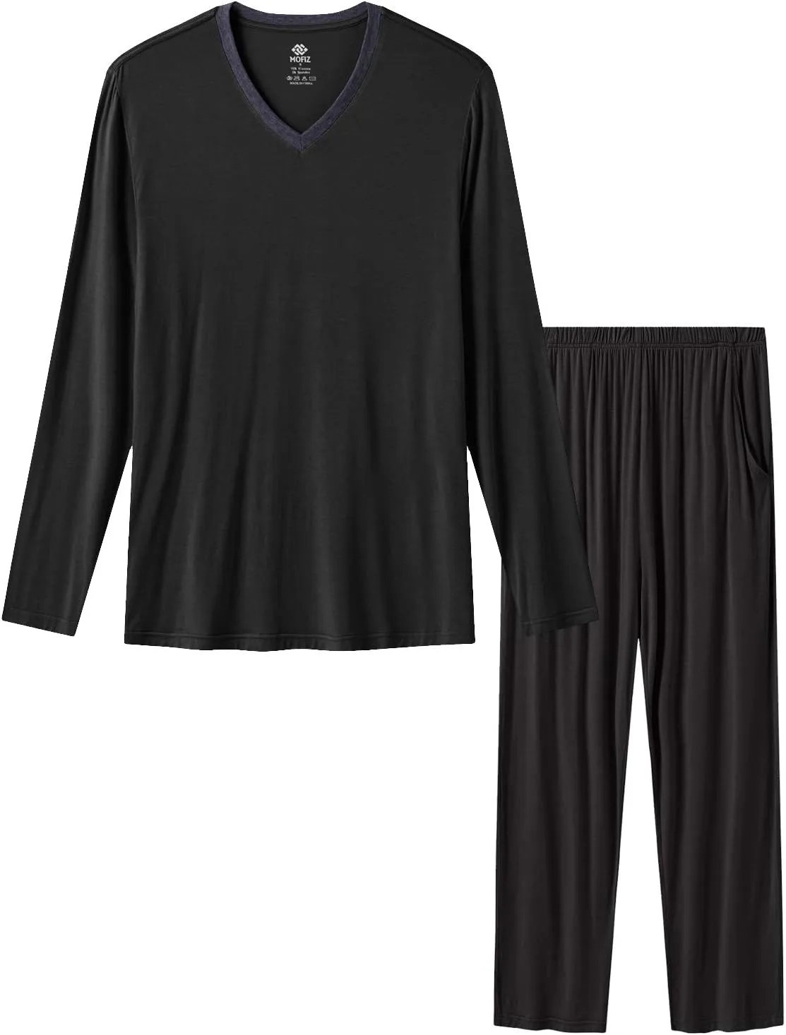 MoFiz Mens Pajama Set Long Sleeve V Neck 2 Piece Nightwear Loungewear Sleepwear Modal Pants With Pockets Pj's Sleep for Men