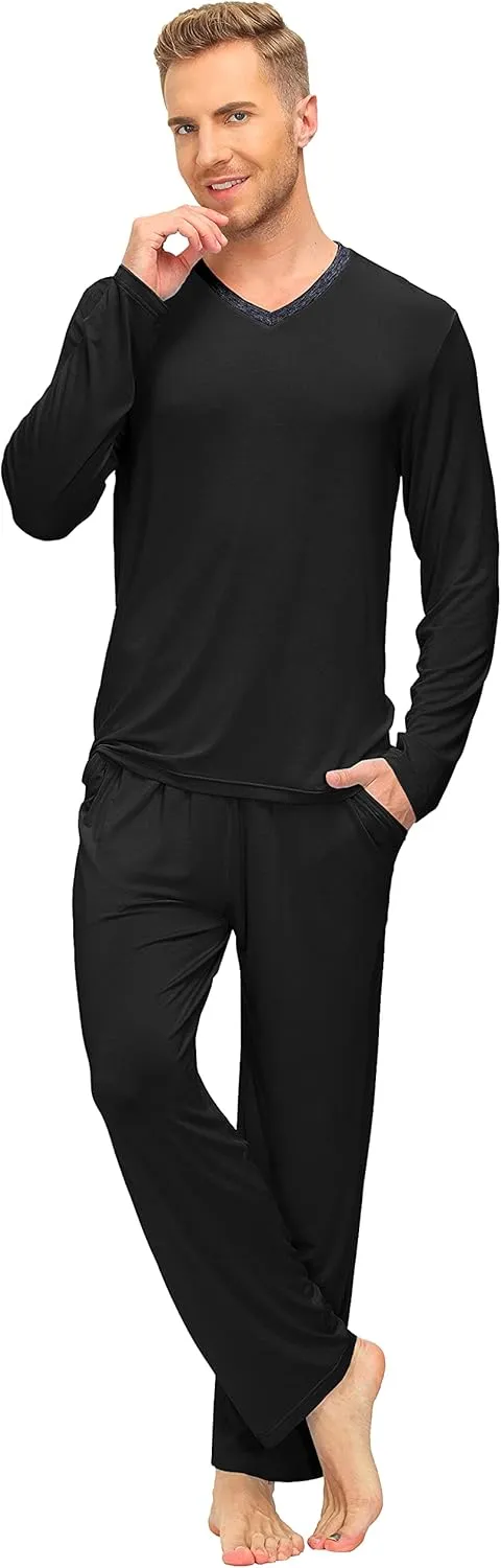 MoFiz Mens Pajama Set Long Sleeve V Neck 2 Piece Nightwear Loungewear Sleepwear Modal Pants With Pockets Pj's Sleep for Men