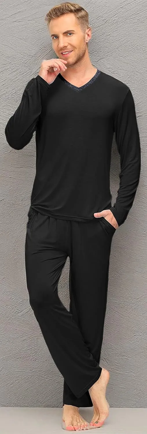 MoFiz Mens Pajama Set Long Sleeve V Neck 2 Piece Nightwear Loungewear Sleepwear Modal Pants With Pockets Pj's Sleep for Men