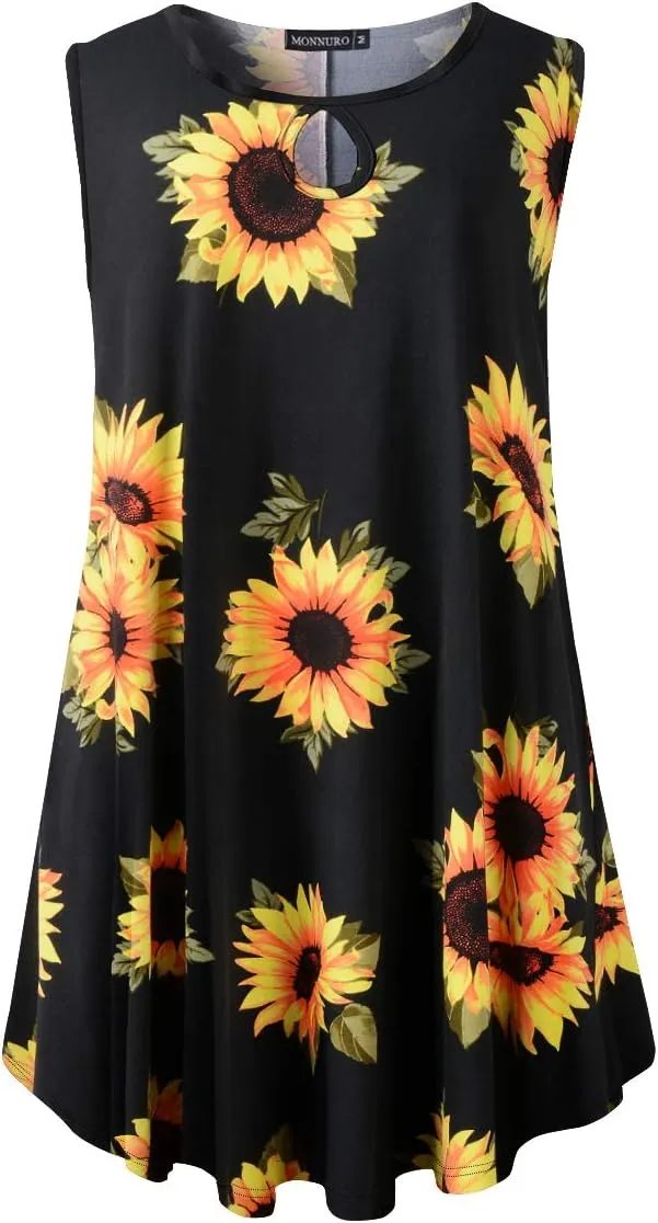 MONNURO Women's Plus Size Sleeveless Keyhole Summer Sexy Shirts Casual Loose Flowy Swing Tunic Tank Tops