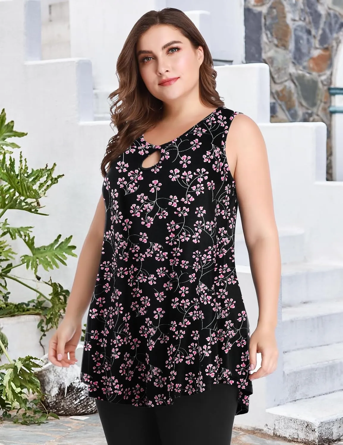 MONNURO Women's Plus Size Sleeveless Keyhole Summer Sexy Shirts Casual Loose Flowy Swing Tunic Tank Tops