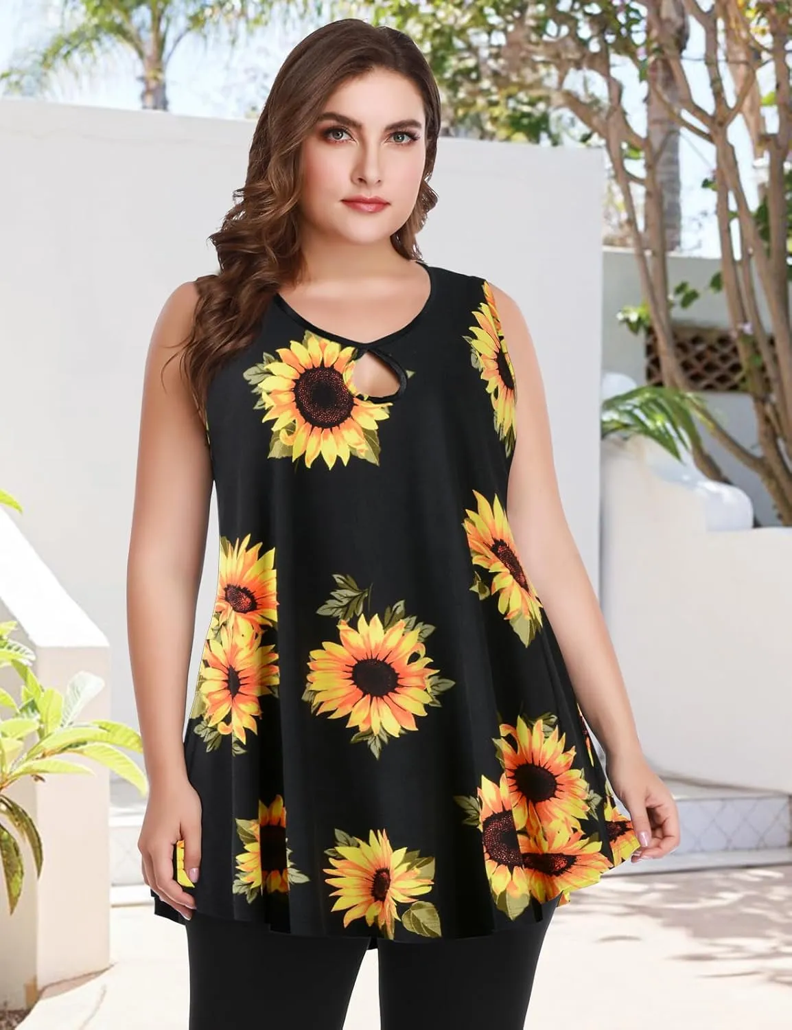 MONNURO Women's Plus Size Sleeveless Keyhole Summer Sexy Shirts Casual Loose Flowy Swing Tunic Tank Tops