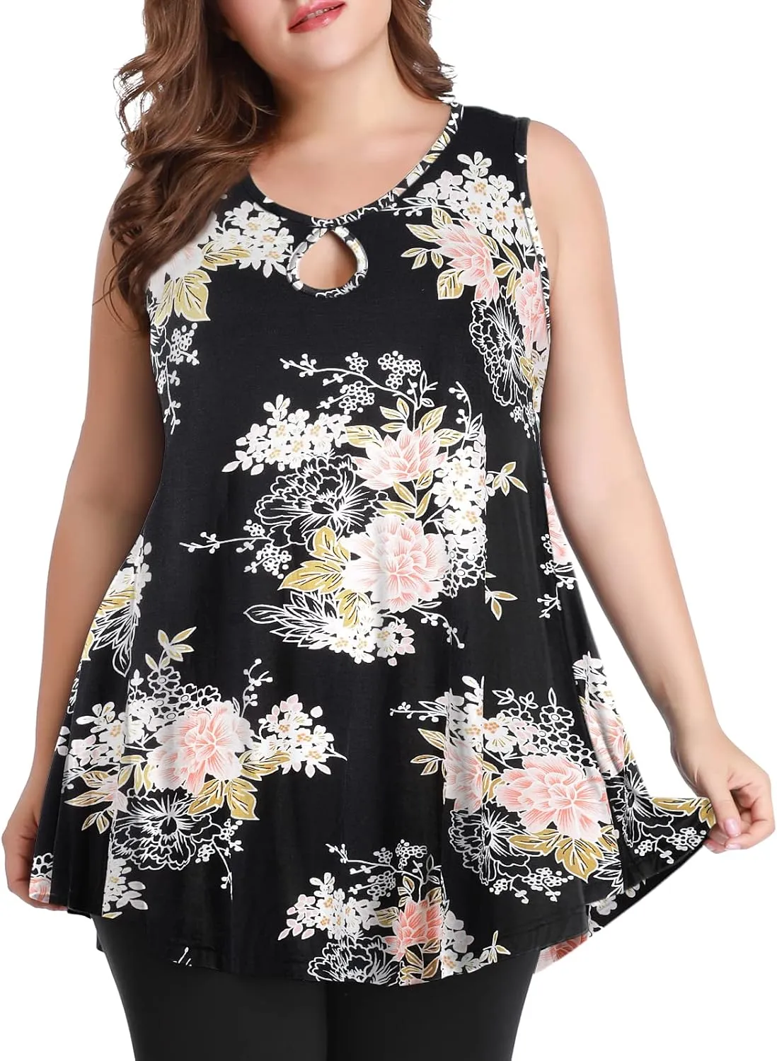 MONNURO Women's Plus Size Sleeveless Keyhole Summer Sexy Shirts Casual Loose Flowy Swing Tunic Tank Tops