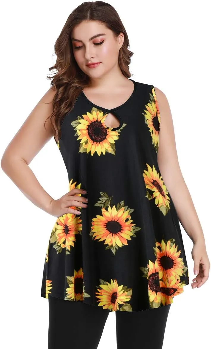 MONNURO Women's Plus Size Sleeveless Keyhole Summer Sexy Shirts Casual Loose Flowy Swing Tunic Tank Tops